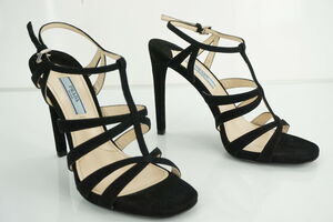Prada Strappy Black Suede Strappy High Heel Cage Sandals Ankle Strap